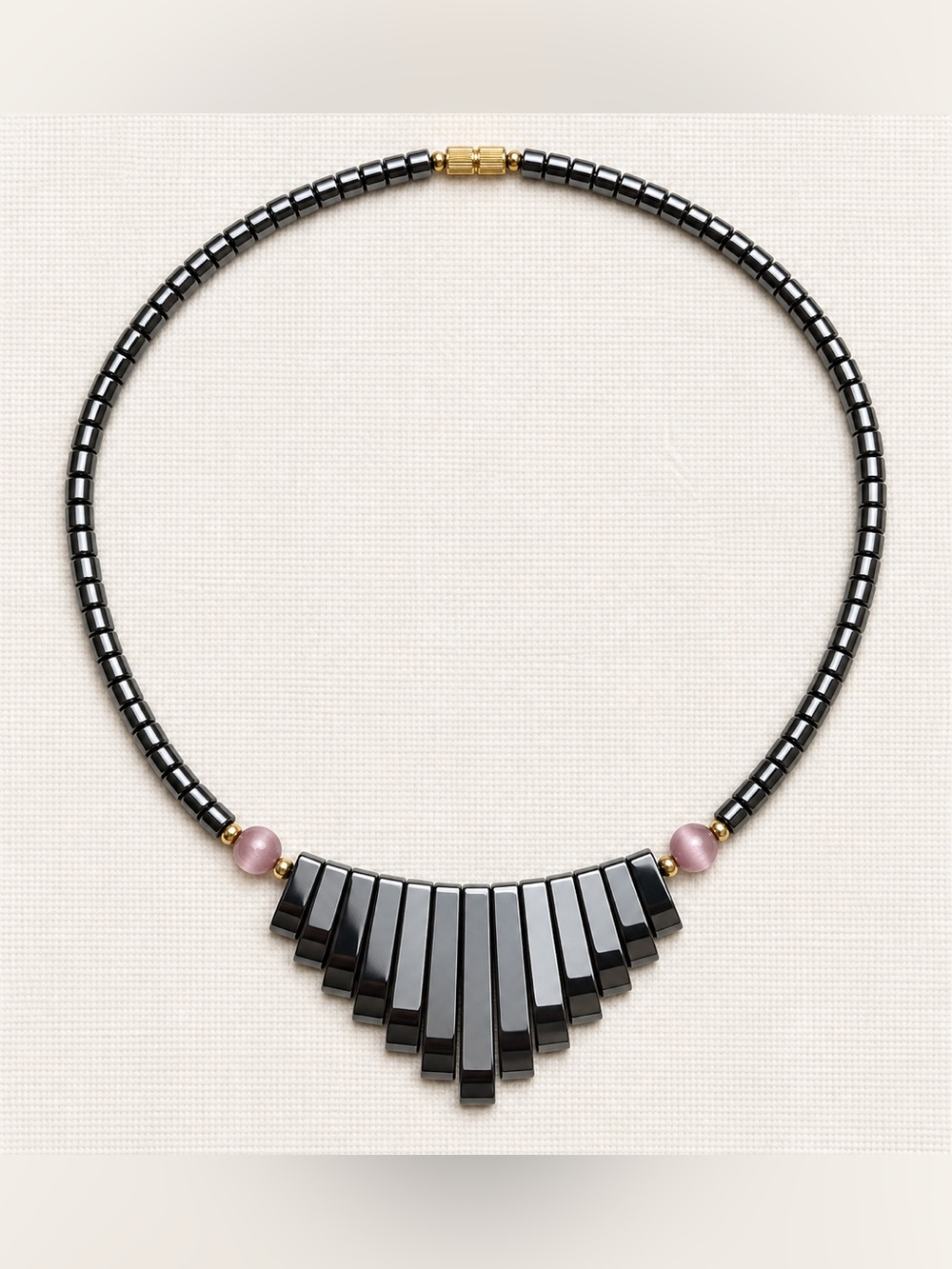 Vintage Hematite Necklace 44g Geometric Fan Bib Pink Cat Eye Beads 18”